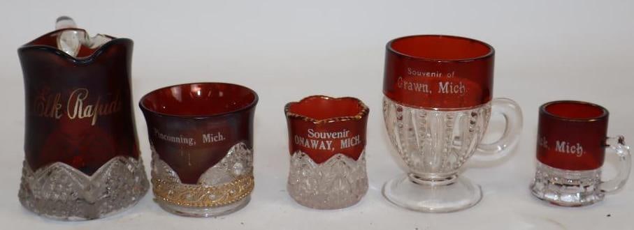 Group of 5 Ruby Red Flash Glass Souvenirs From Elk Rapids, Hartwick, Grawn, Onaway, and Pinconning (1 of 3)