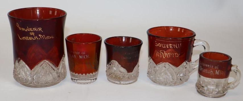 Group of 5 Ruby Red Flash Glass Souvenirs From Big Rapids, Pontiac, West Branch, Lincoln, and (1 of 3)