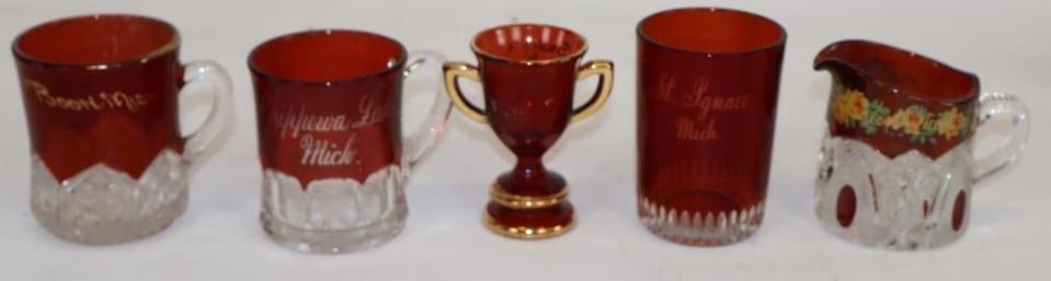 Group of 5 Ruby Red Flash Glass Souvenirs From St. Ignace, Ravenna, Boon, Chippewa Lake, and Stanton (1 of 3)