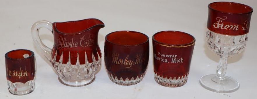 Group of 5 Ruby Red Flash Glass Souvenirs From Atlantic, Petoskey, Manton, St. Joseph, and Morley (1 of 3)