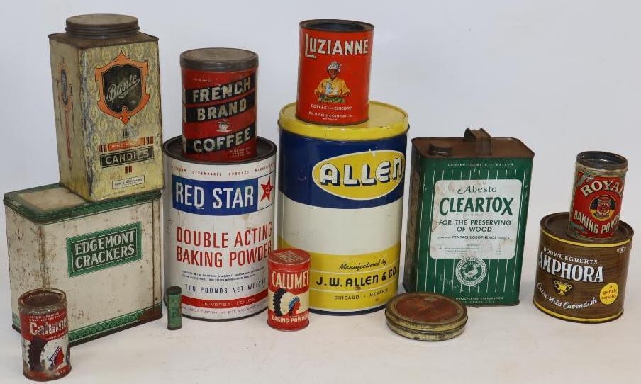 Group of 13 Household Advertising Tins: Largest is 7.5" x 7.5" x 11.5"