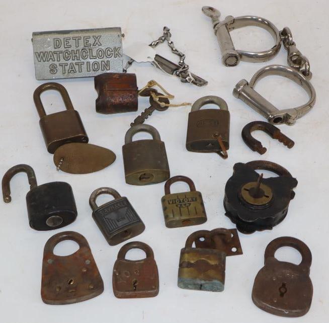 Group of 15 Early Padlocks, Handcuffs, and Watch Clock Station (1 of 3)