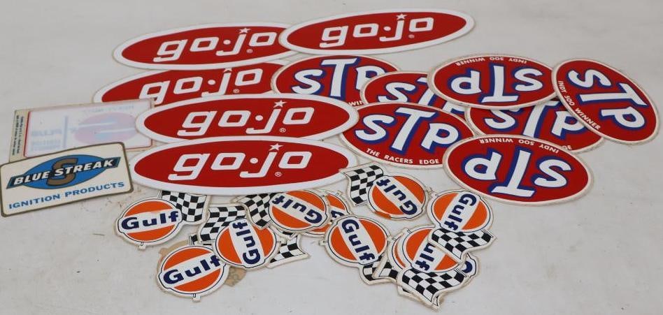 Group of 25 Gojo, STP And Gulf Advertising Racing Stickers: largest is 7.50" x 2.50"