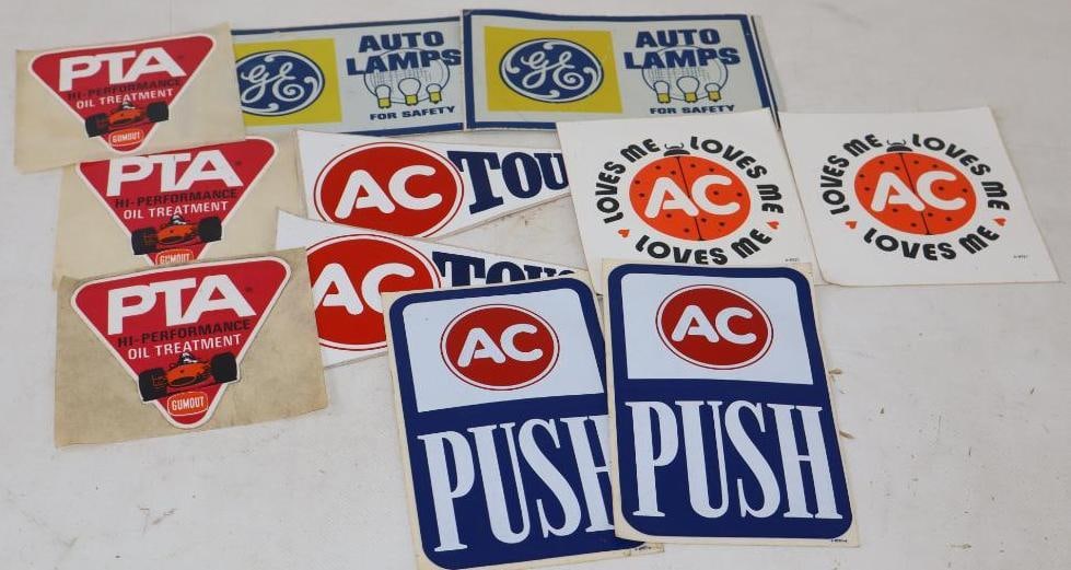 Group of 11 GE Auto Lamps, PTA Oil Treatment And AC Spark Plugs Advertising Stickers (1 of 3)