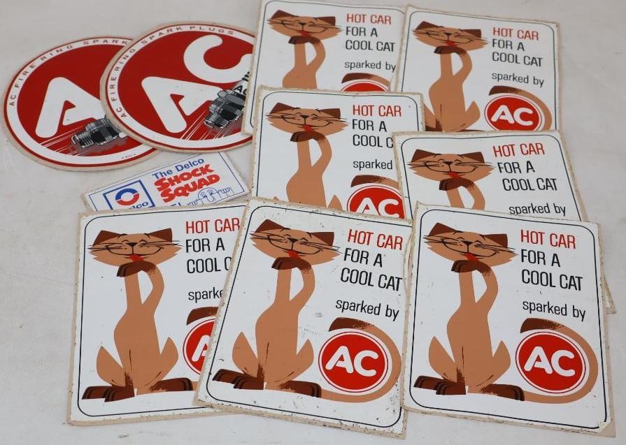 Group of 13 AC Fire Ring Spark Plugs And Delco Shock Squad Advertising Stickers (1 of 2)