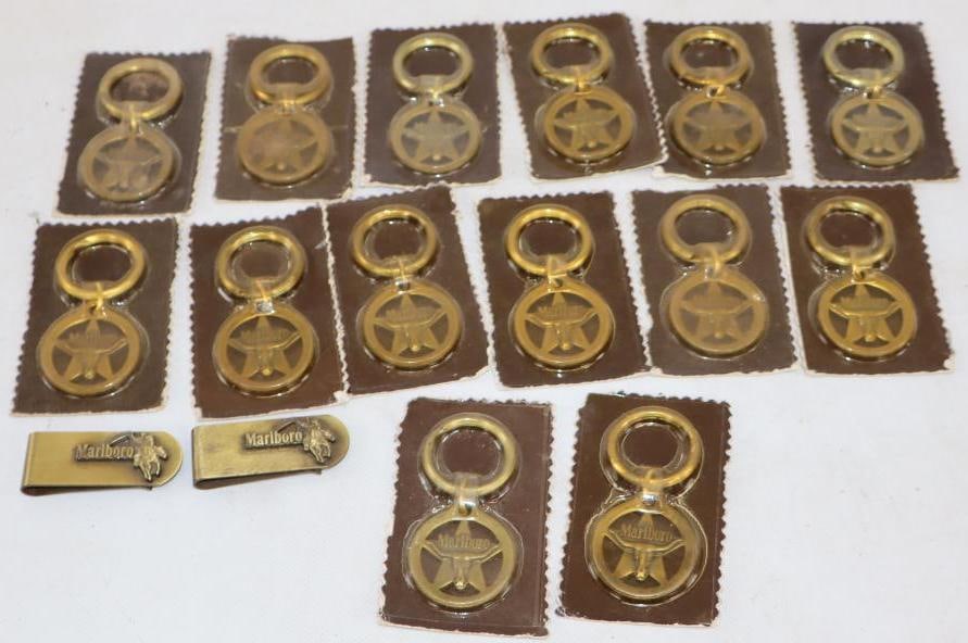 Group of 16 NOS Brass Marlboro Key Chains And Money Clips: 3.50" x 2.50" is the largest