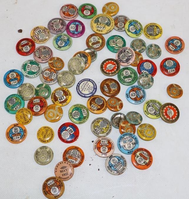 Group of 65 1930's - 1950's Truck Drivers And Chauffeur Association Union Pin Back Badges: 1" x 1" each