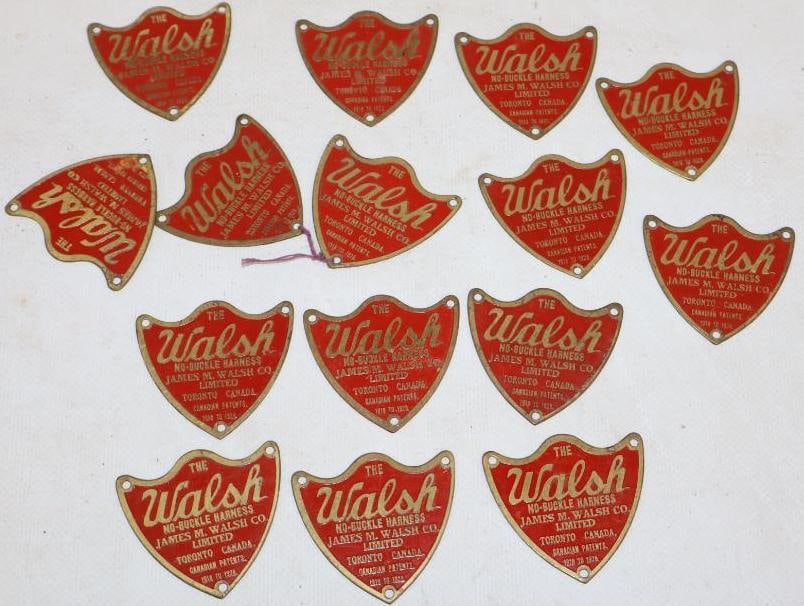Group of 14 1910's The Walsh No Buckle Harness Brass ID Tags: 2" x 1.50" each