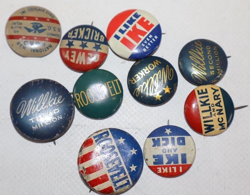 Group of 11 Roosevelt, Willkie, Ike And Dewey Presidential Pin Back Badges: largest is 1" x 1"