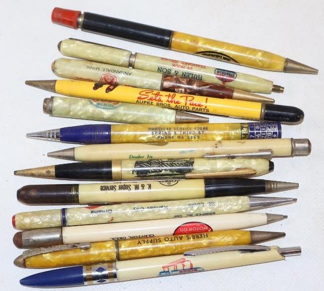 Group of 13 Amalie, Esso, Pennzoil, And Sohio Advertising Pens And Pencils: largest is 6" x .50" x .50"