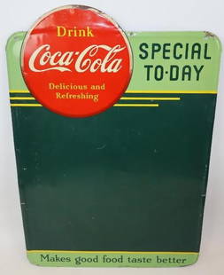 1939 Drink Coca-Cola Menu Board SST Sign: This sign is marked "St. Thomas Metal Signs 1939." There are some slight bends in the field as well as light surface wear and scratches. There is some additional wear along the outer raised edge