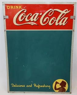Drink Coca-Cola Art Deco Styled Chalk Board SST Advertising Sign: This sign is in good condition with only light wear and scratches throughout. It is marked "American Artworks 1940." It is 27" x 19.25" and graded an 8.5.