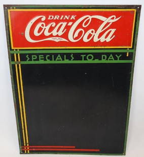 Early Art Deco Styled Coca-Cola Specials Today Chalkboard SST Sign: This sign shows light wear throughout the field as well as rust staining along the perimeter. It is 27" x 19.25" and is graded a 7.5.