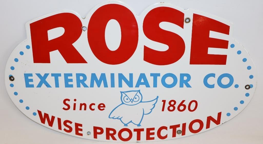 Rose Exterminator Co SSP Porcelain Sign: This sign is in very good overall condition with very good color and gloss and only minor wear. 11" x 18.75". Graded 9.