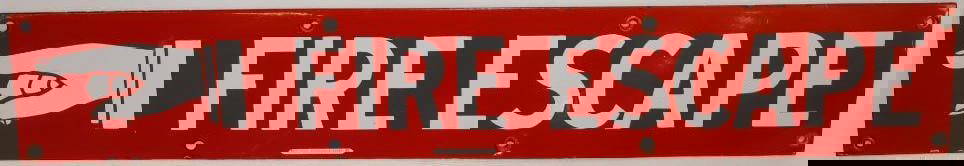 Porcelain Fire Escape Pointer SSP Sign: This sign shows great color and gloss throughout with only some minor surface scuffs. It is marked Beach Company of Coshocton OH. 4" x 24". Graded 9.