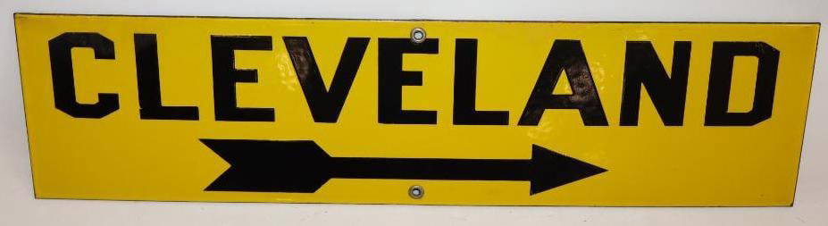 Cleveland SSP Porcelain Arrow Sign: This sign has good color and gloss throughout with only some minor hazing near the top left corner. 5" x 20". Graded 8.9.