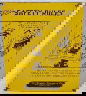 Graphic Tepco Safety Rules SSP Porcelain Sign: This sign is made by The Enamel Products Company of Cleveland OH and has great cartoon graphics. It is in very good condition with only minor wear along the perimeter. 13" x 9". Graded 9.