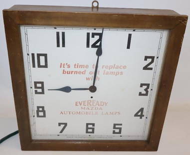 Mazda Eveready Automobile Lamps Advertising Clock: This clock is made by the Sessions Clock Company. It hums when plugged in but does not run. There is some slight fading to the lettering. 13.25" x 13.25" x 3". Graded 8.