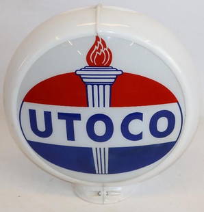Standard Utah Oil Company Utoco Gas Pump Globe: This original globe has 13.5" lenses on a white Capco body. The display lens is very nice with only a small chip at the top edge, the reverse has some minor fading to the blue areas. 16.5" x 16" x 5.5