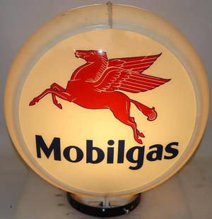 Mobilgas Pegasus 13.5" Gas Pump Globe on Capco Body: This is a complete globe on an original Capco body. The front lens shows some light staining near the outer edges, the reverse has one small BB chip near the top center. 16.5" x 16' x 7" overall.