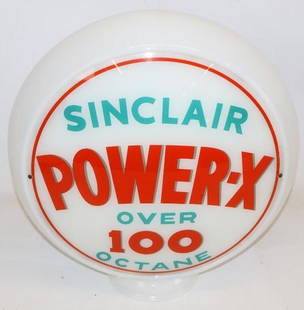 Sinclair Power-X Over 100 Octane Gas Pump Globe: This globe is complete with two original lenses and narrow milk glass body. It is overall in very good condition. 13.5" lenses with an overall size of 17" x 16" x 5.5".