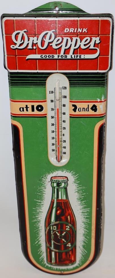 Drink Dr. Pepper 10-2-4 With Bursting Bottle Logo Advertising Thermometer: This thermometer is SST. The thermometer tube is working. It has good color and gloss with some crazing to the paint. It is marked "1-10-38." It measures 17" x 5.5" and is graded an 8.25.