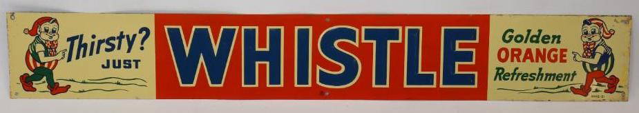 Graphic Whistle Orange Soda Embossed SST Horizontal Sign: This sign is marked "WM 6-81." It has good color and gloss throughout with only some light wear along the outer edges. It is 28" x 4" and is graded an 8.75.