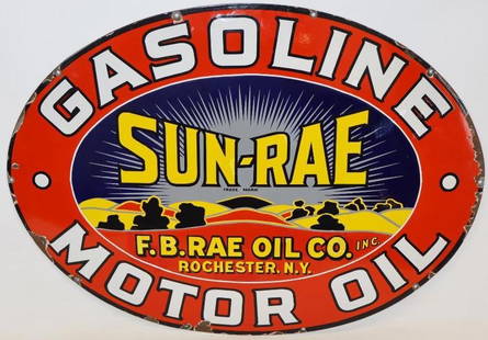 Iconic Sun-Rae Gasoline and Motor Oil Porcelain SSP Sign: This extremely desirable six-color porcelain sign with an amazing landscape scene is one of only a few known examples. It has been nearly a decade since an example of this sign has sold. Don't miss th