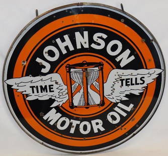 Johnson Motor Oil and Gasoline DSP Porcelain Sign: This sign is in its original hanger ring. It shows good color and gloss on both sides. The Motor Oil side has numerous chips to the field, while the Gasoline side has larger chips. 48" diameter. Grade