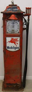 1932 Erie Model 10 Cadet Clockface Gas Pump with Mobilgas Porcelain Pump Plates: This is a great looking Erie Model 10 "Cadet" with art deco styled face plates. It also shows nice patina with 2 porcelain Mobilgas pump plates along with the original visi-gauge. One side panel is de