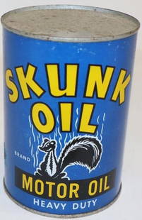 Skunk Motor Oil of Stinker Stations Metal 1 Quart Motor Oil Can: The display side of this desirable can is very nice with only some minor webbing to the paint, but has great color and gloss throughout. There are also a couple of areas of rust staining to the side a