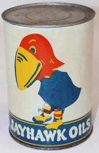 Graphic Jayhawk Oils Kent Oil Co Metal 1 Quart Motor Oil Can: This is a very difficult can to find with great large Jayhawk graphics on the display side. This can does have some minor color match at the leg of the bird. It displays well otherwise. It has been dr