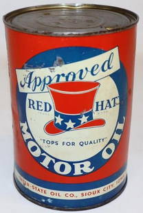 Independent Red Hat Approved Metal 1 Quart Motor Oil Can: This is the desirable red white and blue version of a Red Hat quart. This can has two small drain holes in the top lid. The display side has some light surface scratches and the reverse has additional