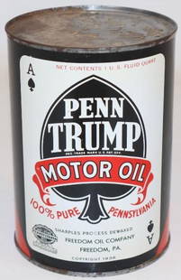 Freedom Penn Trump Full Metal 1 Quart Motor Oil Can: The display side of this can is in excellent condition with only some minor wear. There is some rust staining on the reverse. 5.5" x 4" x 4". Graded 8.75 but the display side is 9.