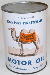 Graphic Camel Penn Metal 1 Quart Motor Oil Can: This can has been drained by two small holes in the top lid. It is in excellent overall condition with only minor wear. 5.5" x 4" x 4". Graded 9.