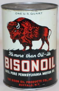 Bison Oil Graphic Metal 1 Quart Motor Oil Can: This can is full and unopened. It has good color on both sides with only some minor scratches and wear. Both sides do have one small dent near the edge. 5.5" x 4" x 4". Graded 8.75 and 8.75.