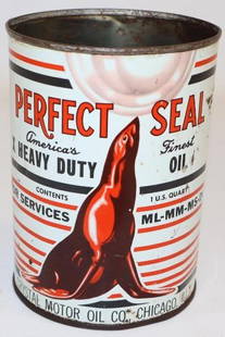 Perfect Seal Crystal Motor Oil Co Metal 1 Quart Motor Oil Can: This can has great detailed graphics with only some minor wear and rust staining to the field. The reverse has slightly heavier rust staining. It is missing the top lid. 5.5" x 4" x 4". Graded 8.25.