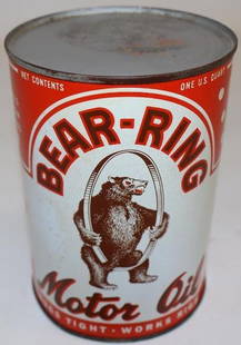 Bear-Ring Coleman Oil Co Metal 1 Quart Motor Oil Can: This can has great detailed graphics with only some slight staining to the field. It also has two small drain holes in the bottom lid. 5.5" x 4" x 4". Graded 8.25.