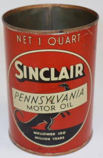 Sinclair Pennsylvania Standing Dinosaur Metal 1 Quart Motor Oil Can: This can displays very well with only a couple of small rust staining spots to the field and minor edge wear. It is missing the top lid. 5.5" x 4" x 4". Graded 8.5.