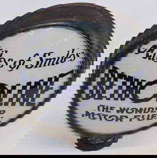 Betholine Sinclair "Miles of Smiles" Gas Pump Globe: This is an original complete 15" globe on an original metal body. The lettering and colors are good, but it does show some light paper marks on each lens. 19.5" x 18" x 6" overall.
