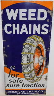 Graphic Weed Tire Chains SSP Roadside Lighthouse Sign: This extremely rare sign has excellent tire and wheel graphics. It does have some light fading throughout and chips near the outer edges, along with a couple chips in the field. 60.25" x 27.5". Graded