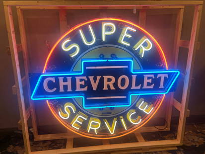 Rare 5ft Chevrolet Super Service Milk Glass Dealership Neon Sign: Don't miss this opportunity to own this is the incredibly rare and desirable 5ft version of the Chevrolet Super Service neon milk glass sign. There are very few of this version known to exist! It is m