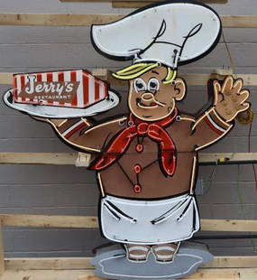 Large Jerry's Restaurant Porcelain Double Sided Neon Chef Sign: This historic Jerry's Restaurant sign has a great overall appearance as it shows a great detailed figural chef. This great sign would be a focal point in any display area. It does show some slight fad
