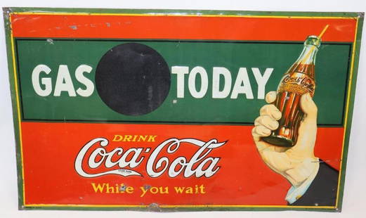 Rare 1926 Drink Coca-Cola Gas Today Embossed SST Advertising Sign: This sign is marked "Printed in USA 1926 Coca-Cola Company." It has good color and gloss with a couple small holes to the field. There is also some light wear and scratches. It is 22.5" x 19.75" and i