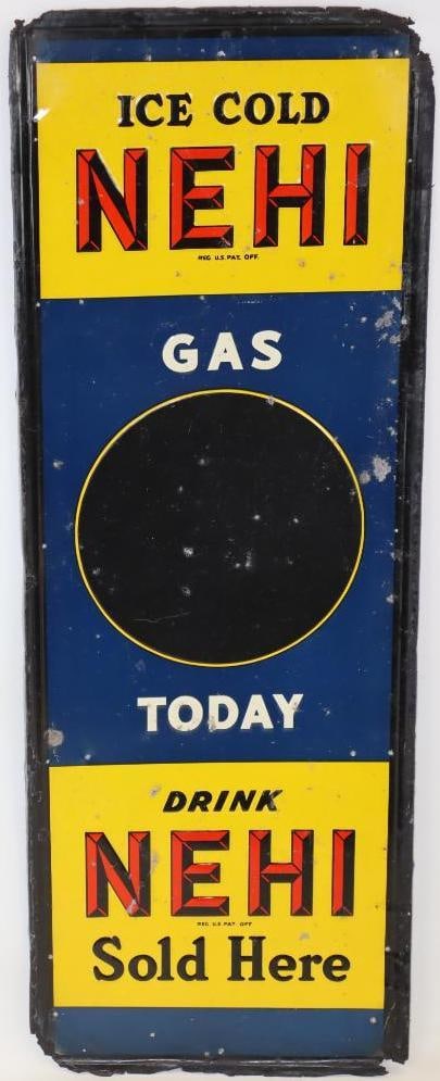 Ice Cold Nehi Gas Today SST Vertical Sign: This sign has rust staining and wear throughout as well as heavier rust and touch ups on the outer edge. It is 41.25" x 15" and is graded a 6.5.