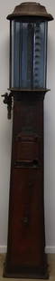 Butler Model 81 Visible Gas Pump: This is a very straight and solid Butler Model 81 with a great looking patina with some faint remnants of the original red paint. It also has a nice original blue tinted glass cylinder. The overall di
