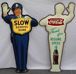 Coca-Cola School Zone Traffic Cop Two Piece SST Sign: This is two individual panels and does not have the frame or base. It is marked AM 62 on each panel. Both signs are in excellent overall condition with only light wear and some minor scratches. It is