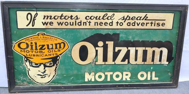 Oilzum Motor Oil "If Motors Could Speak" Large SST Sign: This early iconic Oilzum logo displays well on this large single sided tin sign with wood frame. It does have areas of discoloration and staining along with some rust spots near the bottom edges. Ther