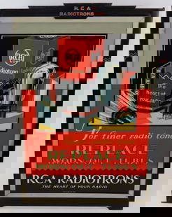 RCA Radiotron Graphic Art Deco SST Sign: This sign has excellent colors and graphics throughout as well as the original art deco styled metal frame. It has the original metal stand on the reverse side, and displays in excellent condition wit