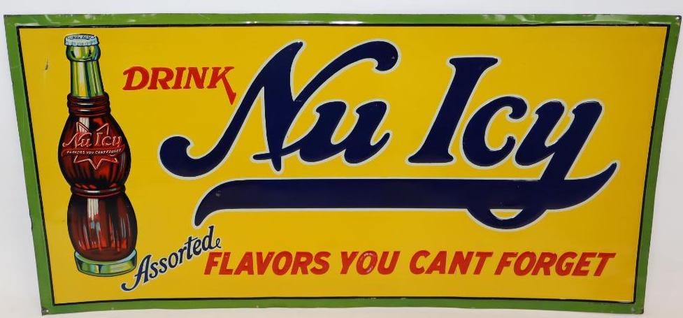 Drink Nu Icy Soda Embossed SST Advertising Sign: This sign is marked "W.F. Robertson Steel and Iron Co." The Sign has excellent color and gloss throughout with light scratches and wear to the field. It is 35" x 17.5" and is graded an 8.75.